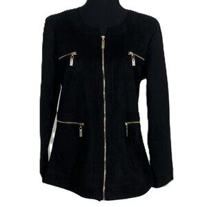 BLACK ULTRA SUEDE GOLD ZIP FRONT JACKET WITH GOLD ZIPPER ACCENTS